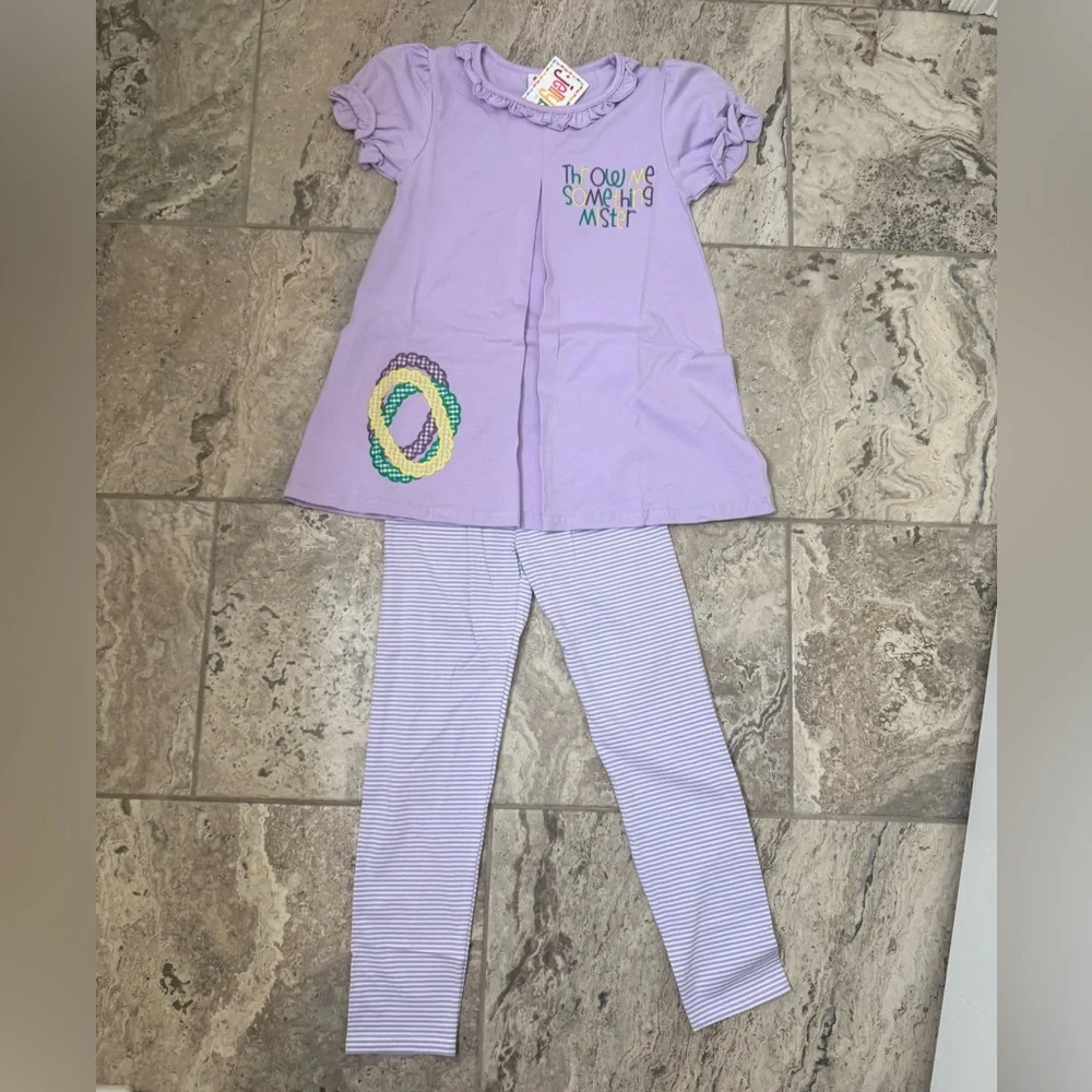 NWT Size 8 Jelly Bean Mardi Gras Top and Striped Leggings Set